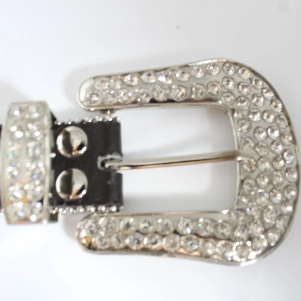 Western Women's Belt Brown Leather Square Rhinestone Conchos And Crystal Bling ~ - Picture 8 of 11